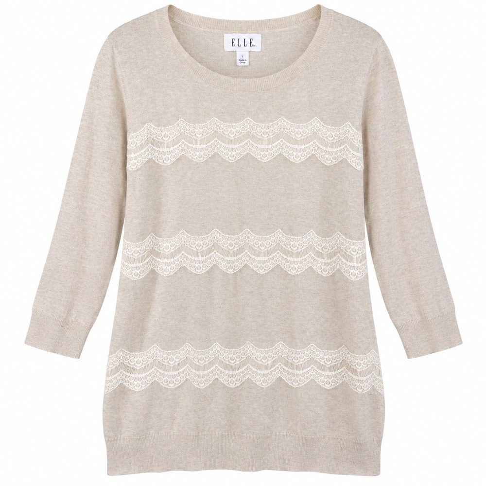 ELLE Lace Trim Knit Sweater Womens Large Oatmeal 3/4 Sleeve Good Coquette Chic